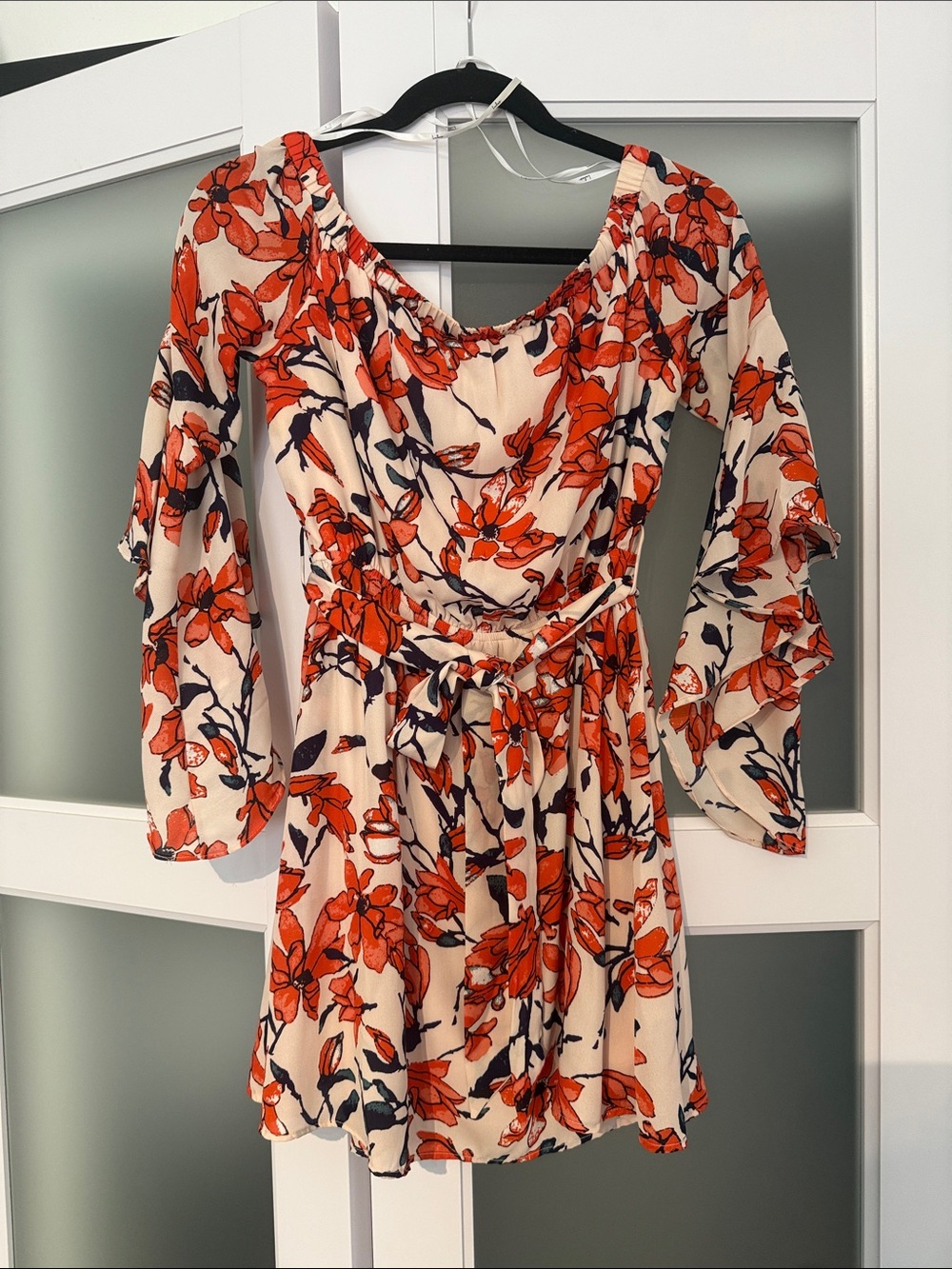 Lulu's Cream Mini Dress with Bold Orange Floral Print, size medium